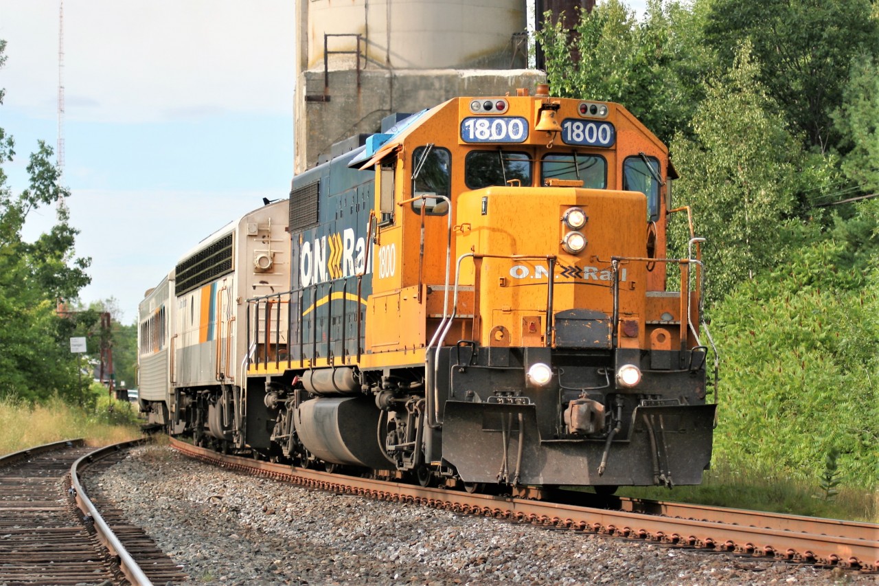 Ontario Northland Railway 1800 leads southbound passenger train 122 as it departs Washago on the Bala Subdivision heading to Toronto's Union Station. The Northlander service between Cochrane and Toronto had only five years remaining before it was cancelled by the Ontario Provincial government in September 2012.