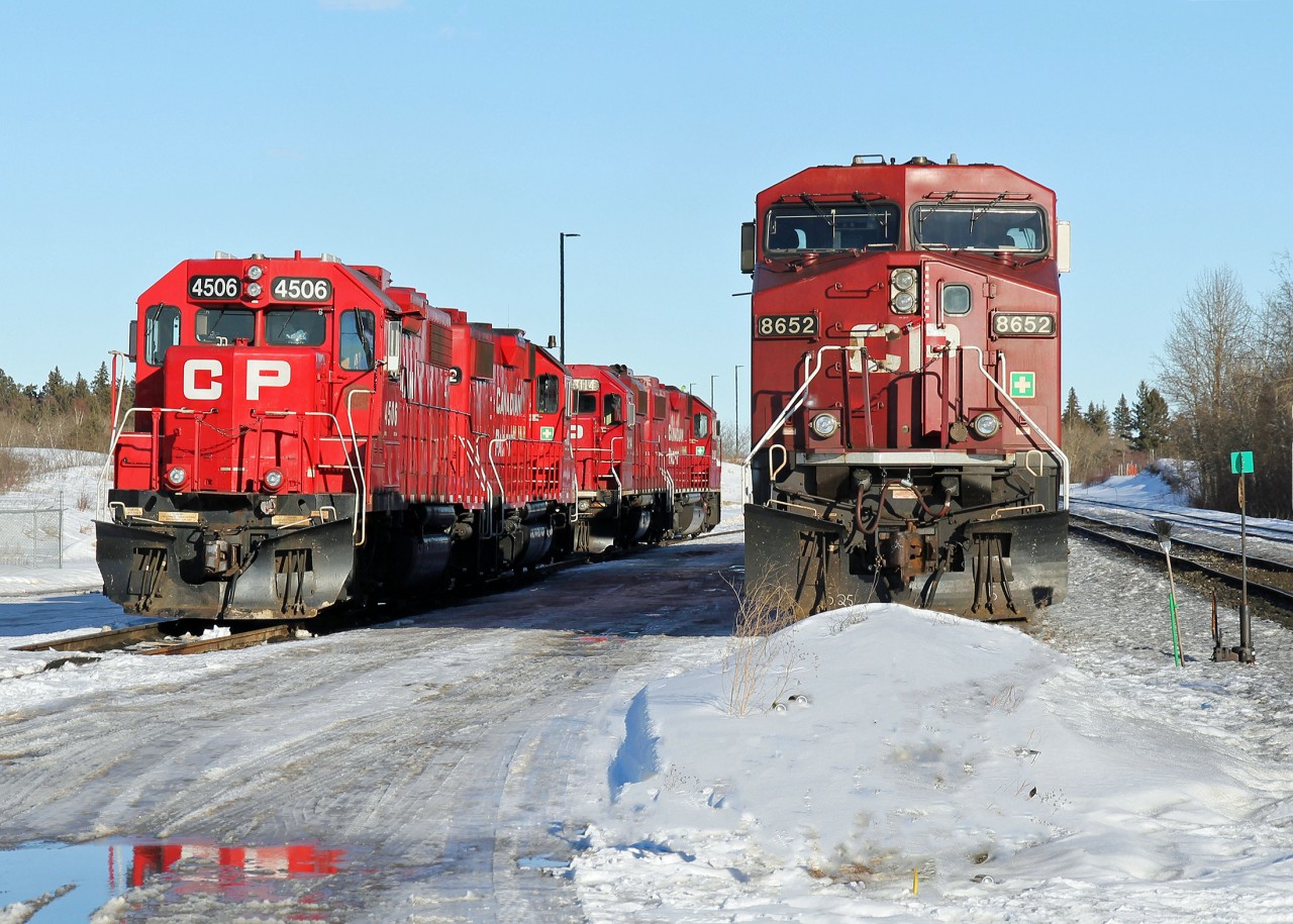 Road power and switching power waiting assignment in CP's Scotford Yard.  The row of GP38-2s includes CP 4502, 4512 and 3114.