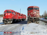 Road power and switching power waiting assignment in CP's Scotford Yard.  The row of GP38-2s includes CP 4502, 4512 and 3114.