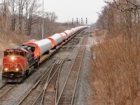 A solo CN 2500 leads wind turbine columns on the westward march to Ontario, as they embark on their journey from Quebec to Texas. One of my favourite types of units to see leading - the comfort cab dash 9. 