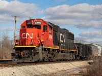 CN 5408 leads L562 off of the CP Hamilton Sub and onto the Trillium Cayuga Spur to set off a dozen cars for interchange with Trillium at Feeder Yard. They would lift traffic as well, and return to Port Robinson long hood forward via the Hamilton Sub. <br><br>I recently shot TE11 here as well, shown in <a href="http://www.railpictures.ca/?attachment_id=36426">this shot</a> dropping a large string of grain hoppers  for Trillium. CP and CN access feeder yard from opposite directions, so the CP local clears the switch and shoves back in.