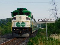 GO F59PH #563 pushes Niagara Falls excursion GO train #787 towards the Niagara Falls VIA station as it passes CN Clifton on the Grimsby Subdivision.