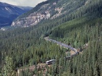 <br>
<br>
 Been There,
<br>
<br>
 Can't Do That Now !  
<br>
<br>
 The view – circa 1983 - from the TCH Spiral Tunnel Lookout
<br>
<br>
 VIA #1 'Canadian' has cleared CP Rail Yoho B.C. mile 129.8 Laggan Subdivison, 
<br>
<br>
  and is about to enter the 2,921 foot CP Rail Lower Spiral Tunnel, 
<br>
<br>
  on approach to CP Rail Cathedral mile 132.4 Laggan Subdivision,
<br>
<br>
 Sept 7 1983 Kodachrome by John Baker, collection of Steve Danko 
<br>
<br>
 what's interesting
<br>
<br>
 first generation power: FP7 and FP9 cabs and all those F9B's: witness here an A-B-B-B lash up!
<br>
<br>
 and the blue and yellow double stripe painted CCF / Pullman Standard built steel passenger cars:
<br>
<br>
 the 5700 series Dayniter cars ( most seemed to land with the RMR ) various 1970's re-built from coaches / sleepers ( I series (CC&F built 24 roomettes) , Val series (ex NYC ), River Series (ex NYC, FEC, MILW, EL) , Falls series ( ex SLSF) , most built circa 1948 to 1954 )
<br>
<br>
 the E series sleeping cars ( 4 section, 8 roomettes, 4 double bedrooms) Pullman Standard built 52 for CN 1954: numbered named examples 1136 Endeavour, 1140 Enterprise, 1155 Evangeline survived into 1991
<br>
<br>
 the 1300 series dining room cars, Pullman Standard built 24 for CN 1954: numbered examples 1340, 1347, 1349 in service through 1991 
<br>
<br>
 and not to mention the VIA abandonment of the CP Rail (as CP was known by at that time) routing....
<br>
<br>
 sdfourty