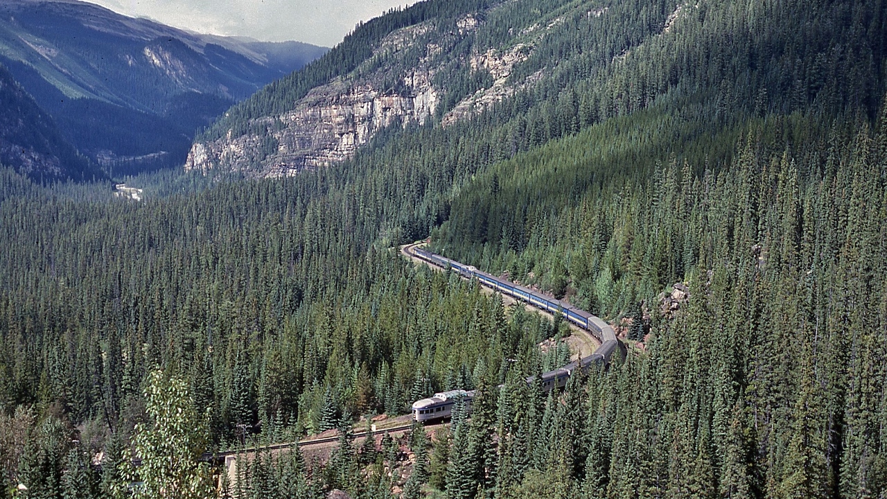 Been There,


 Can't Do That Now !  


 The view – circa 1983 - from the TCH Spiral Tunnel Lookout


 VIA #1 'Canadian' has cleared CP Rail Yoho B.C. mile 129.8 Laggan Subdivison, 


  and is about to enter the 2,921 foot CP Rail Lower Spiral Tunnel, 


  on approach to CP Rail Cathedral mile 132.4 Laggan Subdivision,


 Sept 7 1983 Kodachrome by John Baker, collection of Steve Danko 


 what's interesting


 first generation power: FP7 and FP9 cabs and all those F9B's: witness here an A-B-B-B lash up!


 and the blue and yellow double stripe painted CCF / Pullman Standard built steel passenger cars:


 the 5700 series Dayniter cars ( most seemed to land with the RMR ) various 1970's re-built from coaches / sleepers ( I series (CC&F built 24 roomettes) , Val series (ex NYC ), River Series (ex NYC, FEC, MILW, EL) , Falls series ( ex SLSF) , most built circa 1948 to 1954 )


 the E series sleeping cars ( 4 section, 8 roomettes, 4 double bedrooms) Pullman Standard built 52 for CN 1954: numbered named examples 1136 Endeavour, 1140 Enterprise, 1155 Evangeline survived into 1991


 the 1300 series dining room cars, Pullman Standard built 24 for CN 1954: numbered examples 1340, 1347, 1349 in service through 1991 


 and not to mention the VIA abandonment of the CP Rail (as CP was known by at that time) routing....


 sdfourty