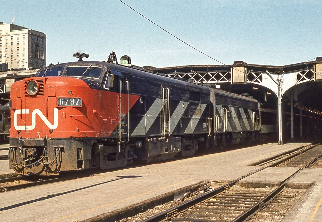 This image is from an Agfachrome slide which was taken by an unknown photographer.
CN 6787 is at Toronto Union Station in Toronto in May 1973.