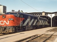 This image is from an Agfachrome slide which was taken by an unknown photographer.
CN 6787 is at Toronto Union Station in Toronto in May 1973.