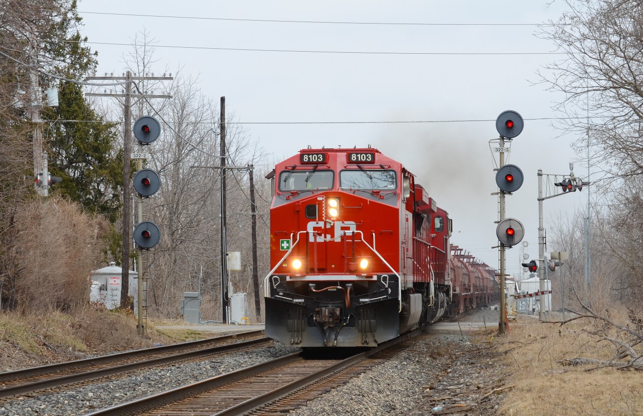 CP 246 notches up out of Milton to take on the Niagara Escarpment with rebuild AC44CWM no. 8103 ex CP 9608 taking the lead