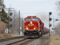 CP 246 notches up out of Milton to take on the Niagara Escarpment with rebuild AC44CWM no. 8103 ex CP 9608 taking the lead 