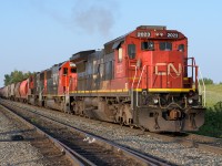 Their wait almost over, in a few minutes CN 2023, 5489 and 5691 will continue on to Walker yard with a train of loaded grain hoppers. Photo taken at the East Edmonton siding (7:30).