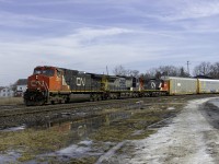CN2575, GECX7345 and CN 2165 entering the northend of Paris Junction. CN 2575 was dead and were going to switch out lead engines.