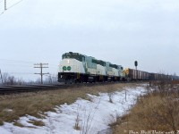 Three brand new GO Transit GP40-2W's cut through the Winter gloom near the end of January 1974, on what is likely their first break-in run in service. Freshly-minted at the nearby GMD plant two days earlier, GO 9808, 9809, and 9811 sail around the curve past the signals at Mile 71.9 on the Dundas Sub just east of London, on the approach to Dorchester with a good-sized extra CN freight tacked on the drawbar. The location of this train wasn't noted on the slide, but the signal mileage, powerlines and some thorough aerial research pinpointed the location to just east of London near a farm where the Ukraina Banquet Hall and Conference Center is today (probably a bit of a walk-in shot from the nearby farm access road by Waubuno Creek bridge).<br><br>These three units were part of GO's first GP40-2W order of four units, 9808-9811 (stamped as built in December 1973, but outshopped at the end of January 1974) and purchased for the opening of the Georgetown line in April 1974. They were GO's first purchase of conventional non-passenger power, intended to be used with rebuilt Ontario Northland F-units converted into cab control/HEP cars (the 9850/60-series APCU's, later 900's) to provide electrical power to the passenger cars. They were also delivered before CN received its first 9400-series GP40-2L(W) units, making GO's the first GP40-2 production units equipped with the Canadian Safety Cab. Two more orders of GP40-2W's would follow in 1974 and 1975 before GO opted for the more conventional F40PH model in 1978, followed by some rebuilt ex-Rock Island GP40's in 1982.<br><br>This would be the first freight of many they would pull, as over the years CN and CP would both lease GO units for freight service, often over weekends when the power would have been idle until Monday morning. GO's eclectic fleet of GP40's and F40's were eventually replaced with the swarm of new F59PH's that flooded the roster the late 80's-early 90's, and the GP40-2W's were eventually sold to CN in 1991 (except 9811/703 that was sold to Tri-Rail). The ex-GO -2W units were renumbered into the high 9668-9677 group, and most continue to soldier on under CN ownership.<br><br><i>Gord Taylor photo, Dan Dell'Unto collection with some editing & location reconnaissance.</i>