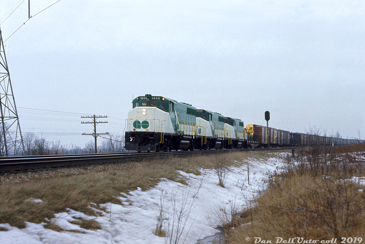 Three brand new GO Transit GP40-2W's cut through the Winter gloom near the end of January 1974, on what is likely their first break-in run in service. Freshly-minted at the nearby GMD plant two days earlier, GO 9808, 9809, and 9811 sail around the curve past the signals at Mile 71.9 on the Dundas Sub just east of London, on the approach to Dorchester with a good-sized extra CN freight tacked on the drawbar. The location of this train wasn't noted on the slide, but the signal mileage, powerlines and some thorough aerial research pinpointed the location to just east of London near a farm where the Ukraina Banquet Hall and Conference Center is today (probably a bit of a walk-in shot from the nearby farm access road by Waubuno Creek bridge).These three units were part of GO's first GP40-2W order of four units, 9808-9811 (stamped as built in December 1973, but outshopped at the end of January 1974) and purchased for the opening of the Georgetown line in April 1974. They were GO's first purchase of conventional non-passenger power, intended to be used with rebuilt Ontario Northland F-units converted into cab control/HEP cars (the 9850/60-series APCU's, later 900's) to provide electrical power to the passenger cars. They were also delivered before CN received its first 9400-series GP40-2L(W) units, making GO's the first GP40-2 production units equipped with the Canadian Safety Cab. Two more orders of GP40-2W's would follow in 1974 and 1975 before GO opted for the more conventional F40PH model in 1978, followed by some rebuilt ex-Rock Island GP40's in 1982.This would be the first freight of many they would pull, as over the years CN and CP would both lease GO units for freight service, often over weekends when the power would have been idle until Monday morning. GO's eclectic fleet of GP40's and F40's were eventually replaced with the swarm of new F59PH's that flooded the roster the late 80's-early 90's, and the GP40-2W's were eventually sold to CN in 1991 (except 9811/703 that was sold to Tri-Rail). The ex-GO -2W units were renumbered into the high 9668-9677 group, and most continue to soldier on under CN ownership.Gord Taylor photo, Dan Dell'Unto collection with some editing & location reconnaissance.