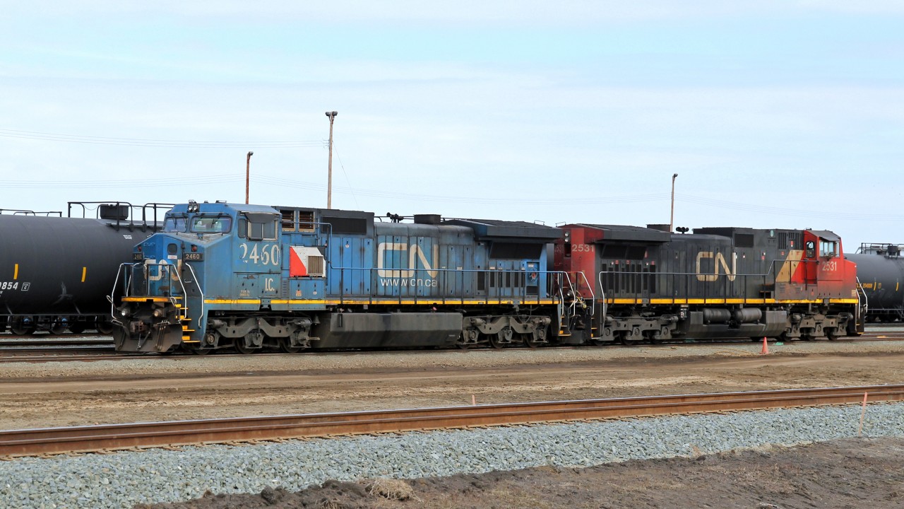 A bit of interesting patchwork on the IC as these two wait their next assignment at CN's Scotford Yard.