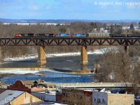 A shot from the Paris Overlook of CN 385 with four units, all elephant style, the GTW pair was enough to get me out, the NS was a bonus. This was the only train I photographed this day and just went home. Even better is with my 36 megapixels, you can zoom in and see quite a bit of detail - printed this will look sharp!



