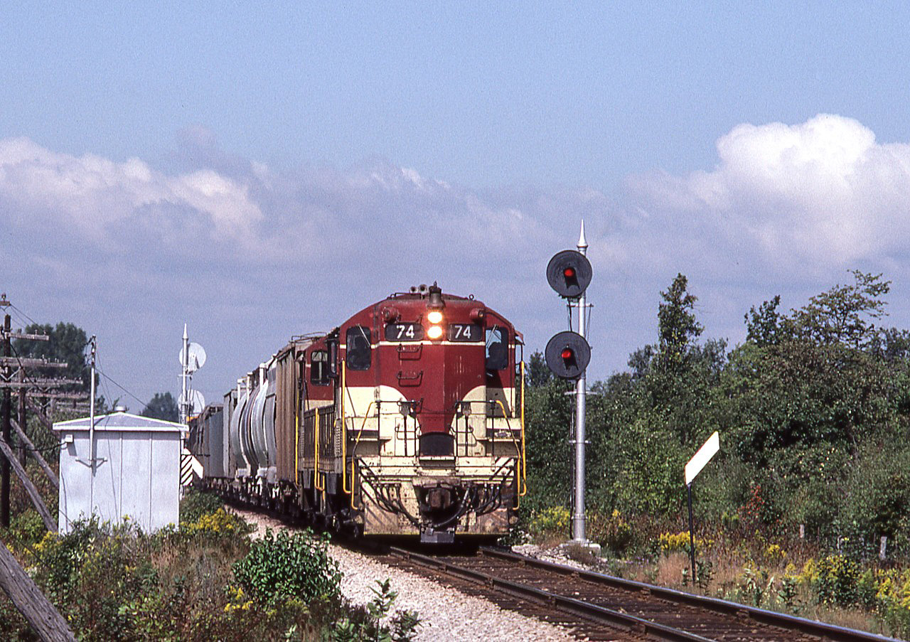 This photo from the Mike Ondecker collection was taken by an unknown photographer. All information is taken from the slide mount.
TH&B 74 is in Vinemount, Ontario on September 15, 1980.
Bob