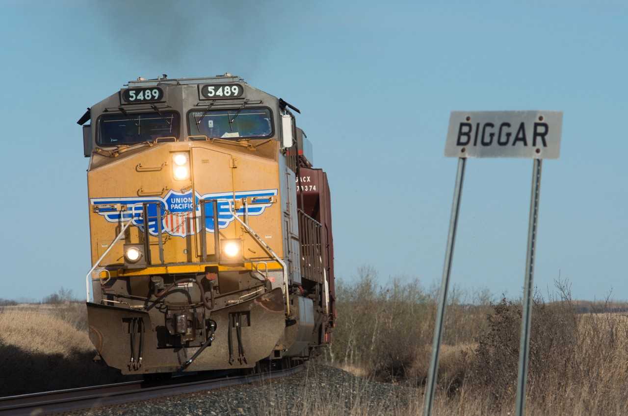 UP 5489 is all by itself on the point of train 463 on CP's Wilkie Sub. To slightly paraphrase "Omaha is big, but this is Biggar"