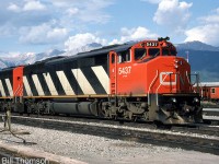 CN SD50F 5437 is shown with a sister unit at Jasper AB in July 1986, a little less than a year old.
<br><br>
5437 was one of 60 units manufactured by GMD London between 1985 and 1987 for CN based off the standard SD50 model, but with a full-width enclosed cowl body and a "Draper Taper" behind the cab for rearward visibility (named after the employee at CN who designed it). This design first debuted on CN's Bombardier HR616 order in 1982, and over the years CN would go on to order GMD SD50F, SD60F, and GE C40-8M models with this feature, until switching back to orders with conventional hoods in the mid-90's. The SD50F fleet would run until 2008 when they were retired. Some would be resold to a short line, but most were sold for scrap.