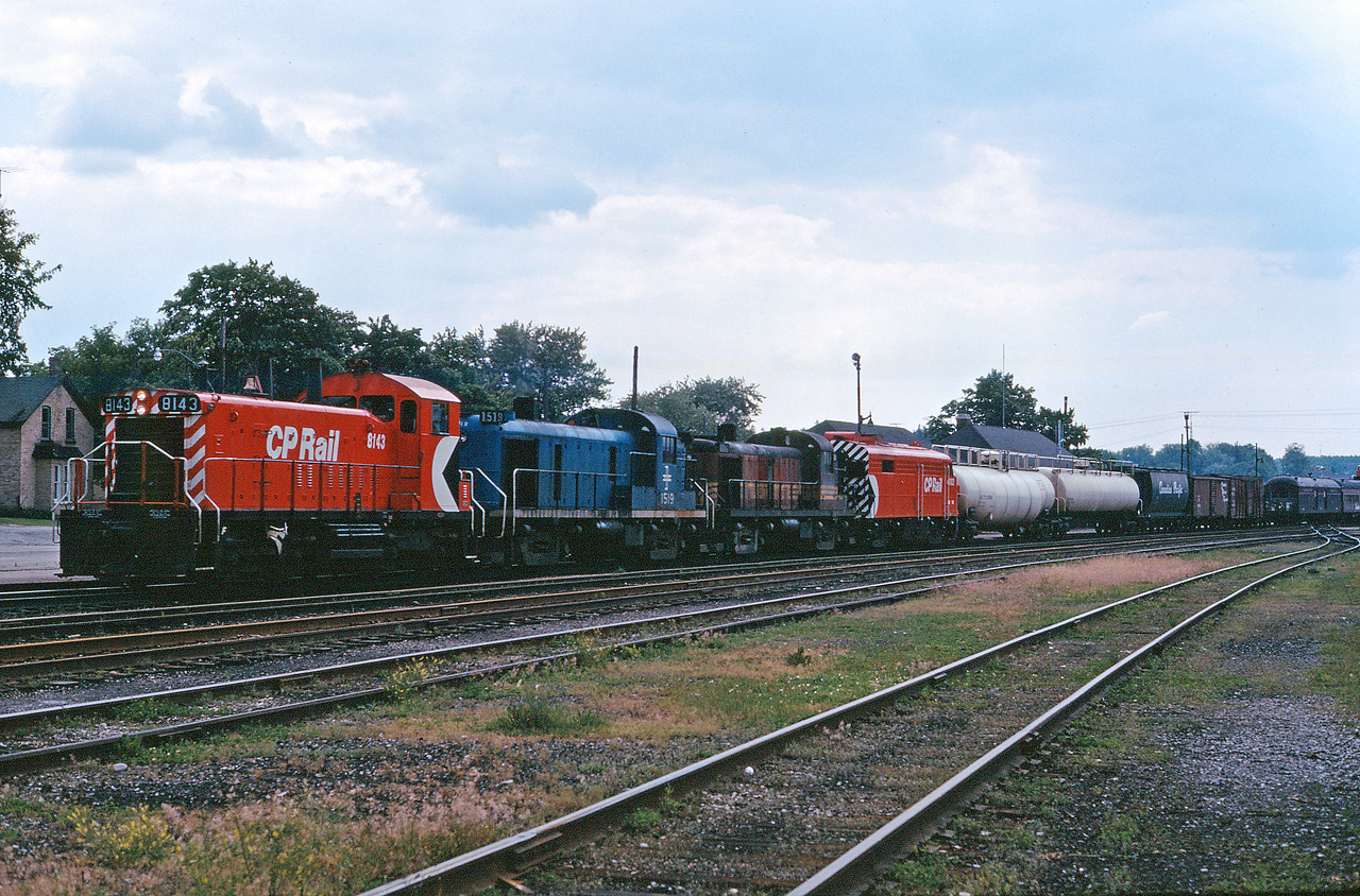 Back in the early 1970s, you never knew what you might find on a CP train--witness this SW1200RS/RS3/RS3/FPA2 (8143, B&M 1519 and 1536, 4082) consist heading east through Galt during the summer of 1970!