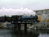 Canadian Pacific G5a 1201, donated by the CPR to the National Museum of Science and Technology in 1966 and restored to operating condition at CPR's John Street roundhouse in 1973, is shown at Farm Point (Mile 16.3) on the 80 mile Maniwaki Sub. The 1201 (one of two light Pacifics built by CP's Angus Shops in June 1944, and also the final steam engine built by Angus Shops) went on to run steam excursions in the 70's and 80's operated by the Bytown Railway Society, until she was retired in 1990 and returned to the museum.<br><br>This section of CP's Maniwiki Sub along the Gatineau River between Hull and Wakefield survived as the <a href=http://www.railpictures.ca/?attachment_id=32353><b>Hull-Chelsea-Wakefield Railway</b></a> (operating a steam excursion train) until washouts and damage to the line halted operations for good in 2011. Ultimately, the municipality of Chelsea voted to tear out a good portion of the line for a walking trail in 2017, ending hopes of restoring tourist service.