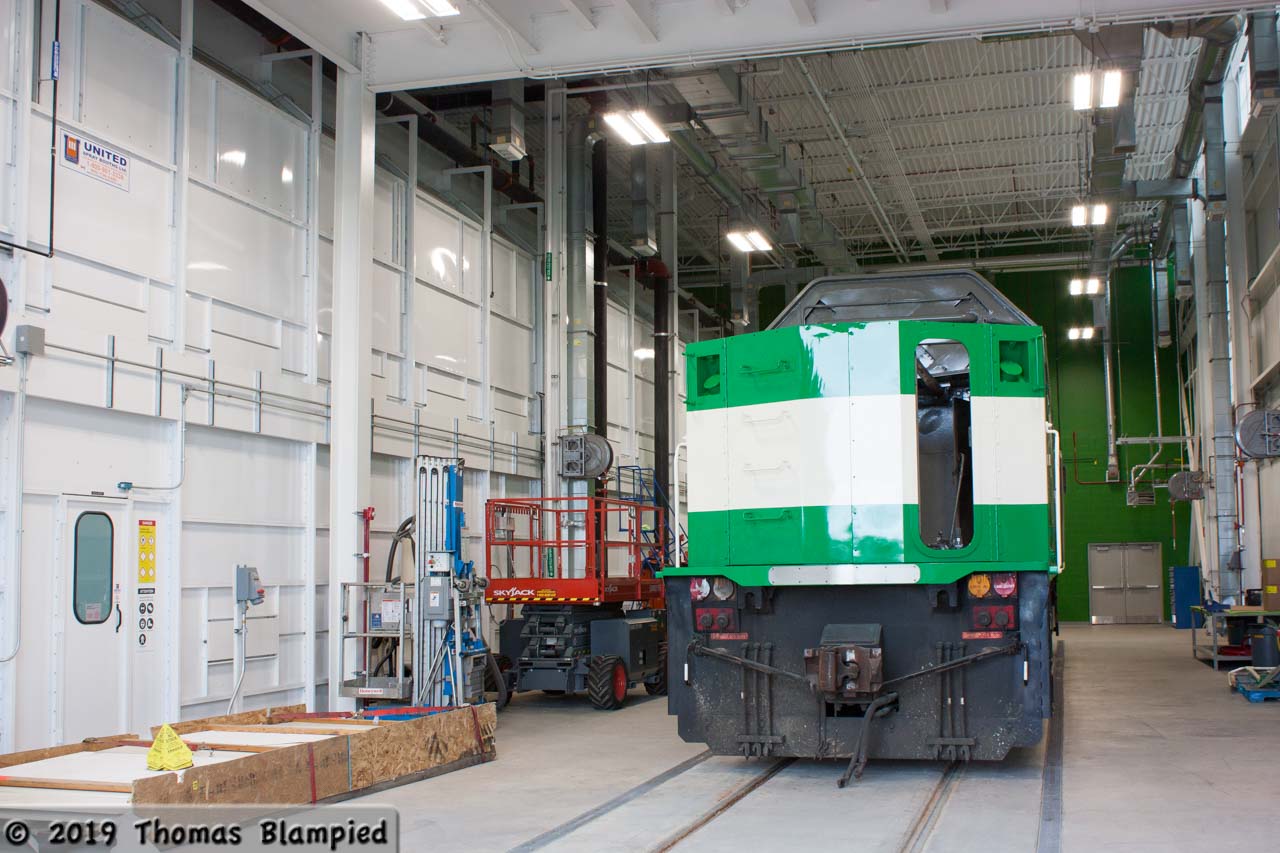Once in a while, a Doors Open event has something for the railfan. This year, Metrolinx opened the new Whitby Rail Maintenance Facility and let visitors see inside the paint shop and main maintenance bays (or at least in the doors). Here, an unidentified MP40 sits in the paint shop awaiting some work.