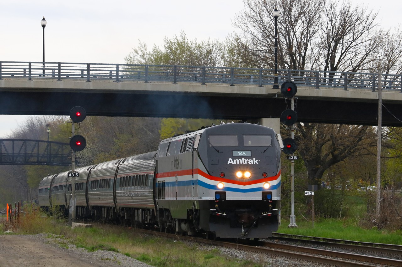 Amtrak 145 is passing through Hamilton on their way back to the United States.