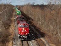 CP 143 is coming off of the connecting track from the CP Hamilton Sub to the CN Stamford Sub at Robbins, as it heads towards the border crossing in Fort Erie.