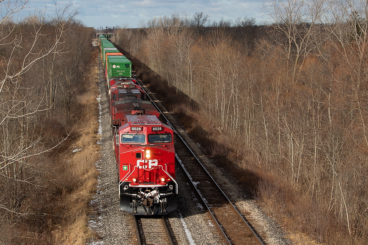 CP 143 is coming off of the connecting track from the CP Hamilton Sub to the CN Stamford Sub at Robbins, as it heads towards the border crossing in Fort Erie.