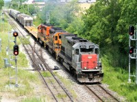 Goderich-Exeter Railway (GEXR) 431 departs Kitchener with a short train after working the yard with GEXR 3054, GEXR 3394 and RLHH 3403. 