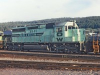 O&W 9955 one of 8 second hand (O&W) units that BC Rail bought that were previously Oneida & Western. The two tone green does not quite match the BCR two tone green. These units as well as four from Kennecott Copper would be rebuilt and painted in the BC Rail red, white & blue paint scheme. They gave many years of reliable service.