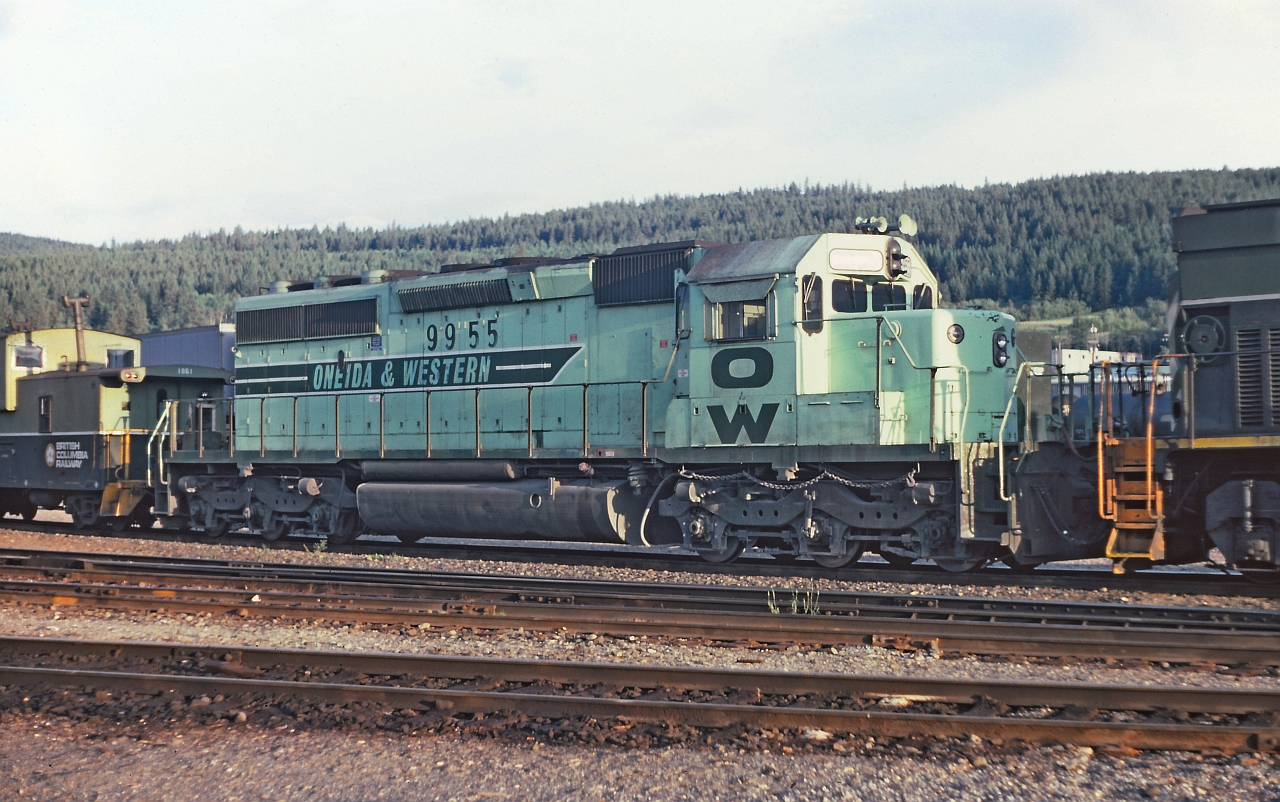 O&W 9955 one of 8 second hand (O&W) units that BC Rail bought that were previously Oneida & Western. The two tone green does not quite match the BCR two tone green. These units as well as four from Kennecott Copper would be rebuilt and painted in the BC Rail red, white & blue paint scheme. They gave many years of reliable service.