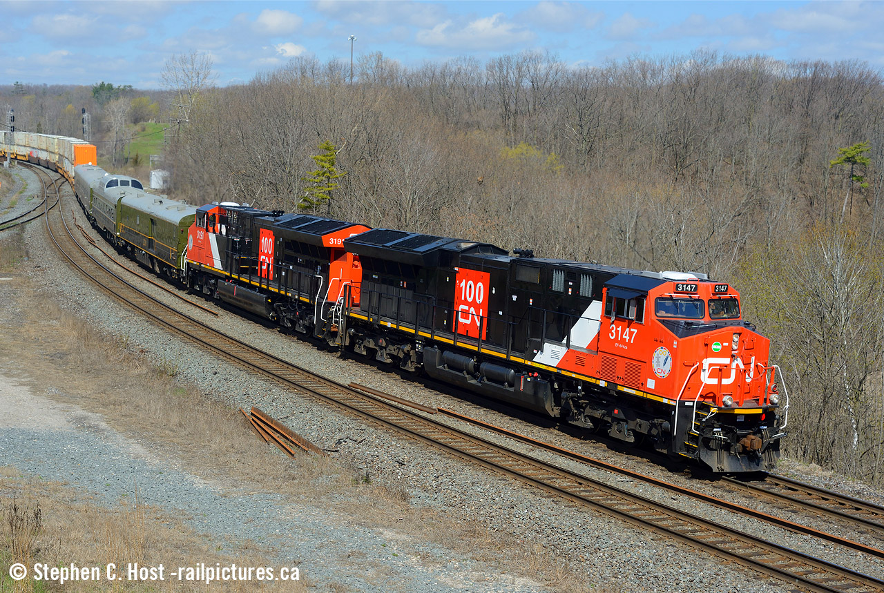 A typical shot at Hamilton West with an a-typical train. Turns out this was the CN 100 train en-route to Montreal and Quebec along with the usual intermodal cars found on 148. At least the weather turned out nice, but I have mixed feelings about this 'celebration' - certainly feels like it's done on a shoestring budget.