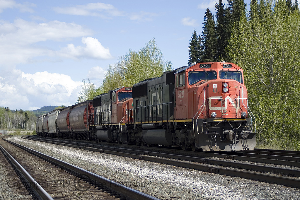 CN 5721 and 5638 idle away at Endako B.C., home of the Endako (molybdenum) Mine since the early 60's. This location is 171 Km west of Prince George.
