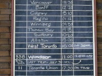 The Canadian Pacific West Toronto Station's train board is pictured on July 3rd 1971, showing all scheduled train arrivals and departures at the station. By then, the decline of CP's passenger services resulted in only two trains still using the station at this time: <a href=http://www.railpictures.ca/?attachment_id=25984><b>#11/12 "The Canadian"</b></a> and #337/338, the Toronto-Windsor "Dayliner" RDC run. Today would be #338's last run, and after today only The Canadian would use the station until its takeover by VIA Rail in October 1978.
<br><br>
While the West Toronto Station was demolished in 1982, the train schedule boards had been saved and are now in the hands of the <a href=http://www.trha.ca/trha/acquisition-of-the-west-toronto-schedule-boards-part-1-of-2/><b>Toronto Railway Historical Association</b></a>.