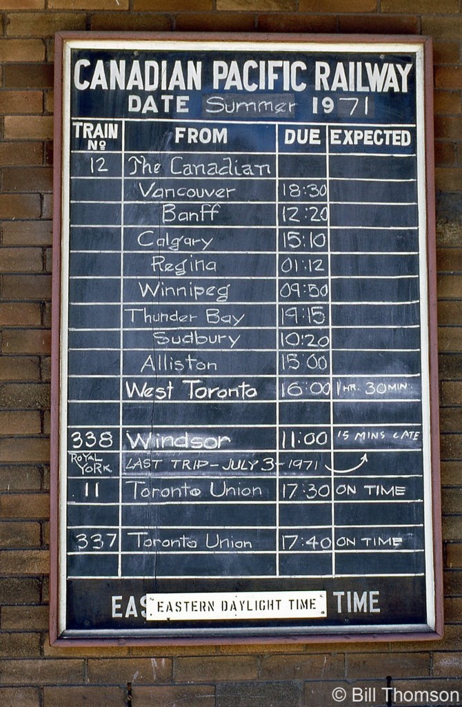 The Canadian Pacific West Toronto Station's train board is pictured on July 3rd 1971, showing all scheduled train arrivals and departures at the station. By then, the decline of CP's passenger services resulted in only two trains still using the station at this time: #11/12 "The Canadian" and #337/338, the Toronto-Windsor "Dayliner" RDC run. Today would be #338's last run, and after today only The Canadian would use the station until its takeover by VIA Rail in October 1978.

While the West Toronto Station was demolished in 1982, the train schedule boards had been saved and are now in the hands of the Toronto Railway Historical Association.