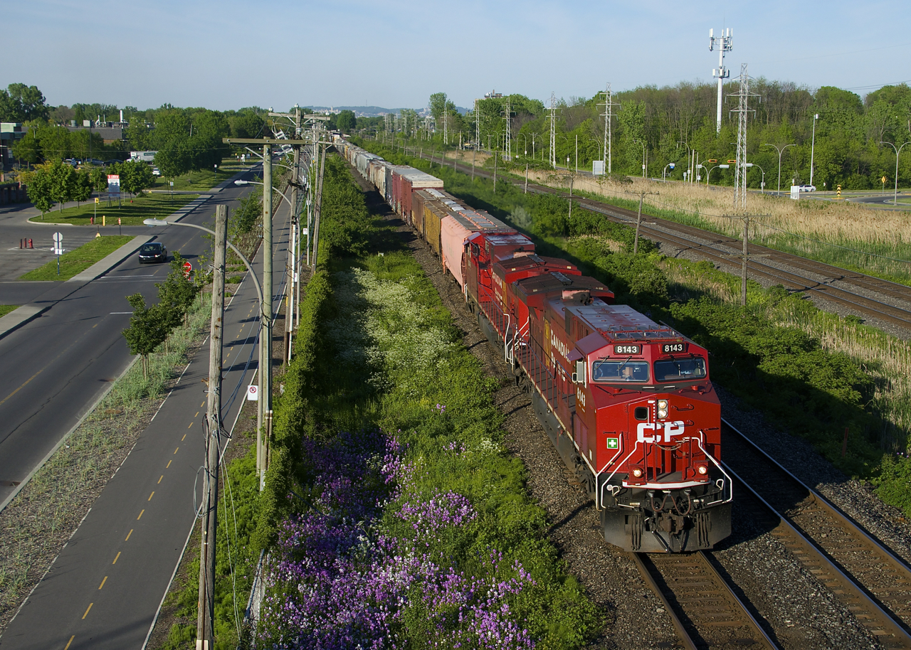 A long CP 119 has a pair of GE rebuilds up front (CP 8143 and CP 8038) and a third mid-train (CP 8007) as it heads west during some nice evening light.