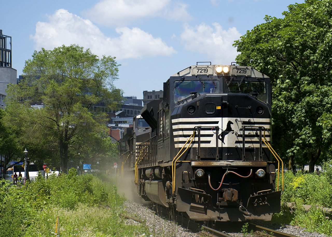 With only 30 ever produced, the SD80MAC is a rare model, even more so in Canada. Here an ex-CSX SD80MAC (NS 7219) leads a light power move out of the Port of Montreal after CN 596 brought in a unit train of GrainsConnect cars. Trailing are NS 4028 & NS 9568.