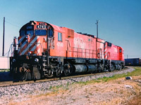 Canadian Pacific C-424 4237 and M-636 4740 are departing the shop at Agincourt yard in Toronto, Ontario and are heading to their train, which was destined for the Belleville Subdivision in fall 1994.