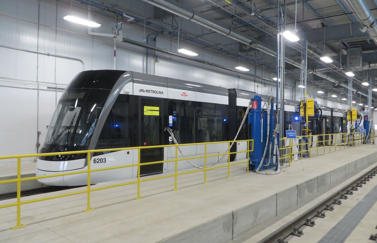 An LRV for the crosstown line is on display at the sanding area in the new St Dennis maintenance facility during the doors open event.