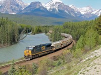 ES44AC CSX 943 is the rear DP on this potash train making it's way westward round Moran't Curve on CP's Laggan Sub.