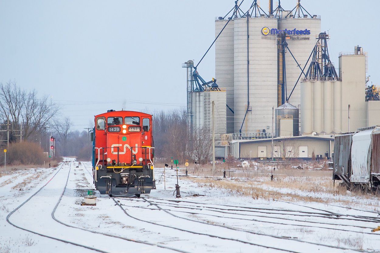 This offered a little icing on the cake after a fun day of chasing GEXR from Stratford to Clinton to Hensall to Exeter and (mostly) back. We heard L568 working the yard as we neared, and would arrive to find them having just finished work. They would depart light power soon afterwards.
