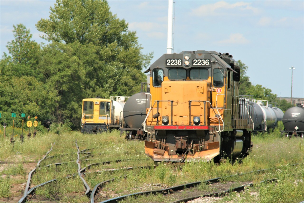 There was an abundance of yellow in an extremely weedy Kitchener yard as Goderich-Exeter Railway train 582 with LLPX 2236 sets-off cars while Waterloo Central Railway GE 70-Tonner 1556 is between assignments in the background.