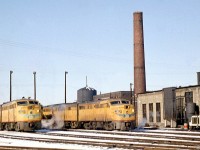 Two sets of Union Pacific 1600-series Alco FA1/FB1 units are shown parked at CP's Lambton Yard engine terminal in March of 1964. Rather than reactivate some of their stored steam engines, in the early 60's power-short CP opted to lease surplus power from other railroads instead. Rumour has it UP pulled their FA/FB units from the deadlines to lease to CP in 1963/1964, and they mostly ran in solid UP sets. The units were built in the late 40's and after years of use on the UP were at the end of their lifespans. Upon return to the UP, they were used as trade-in credit to EMD the next year, and ultimately all scrapped.