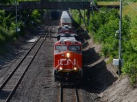 CN X32461-29 pulling into Canada from the MC Tunnel in Windsor, on a Reroute train, due to the CN derailment in Sarnia on June 28, 2019.