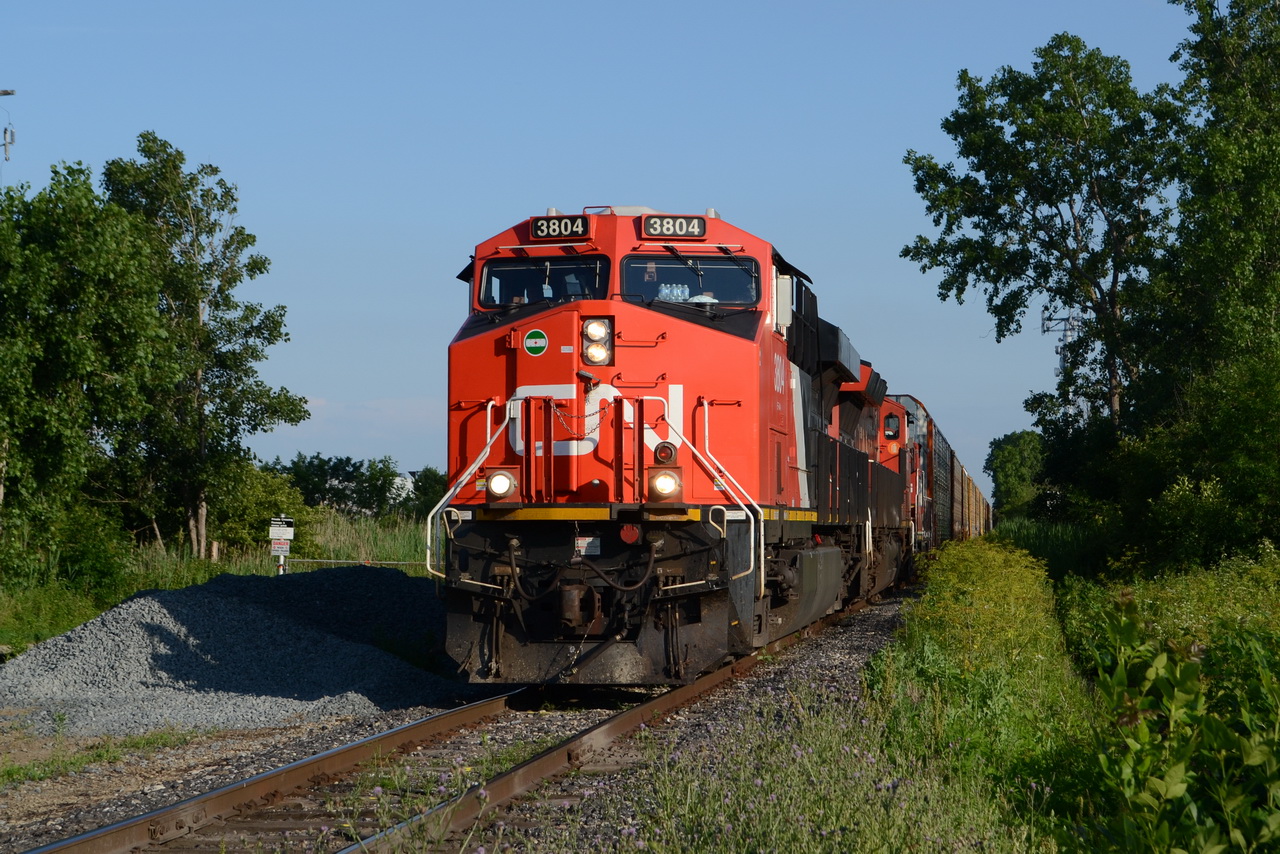 CN X32461-29 is cutting through Windsor, Ontario, on the CN Chrysler Spur, with CN 3804, CN 3053, and JLCX 2002, on a reroute train, due to the derailment between Port Huron and Sarnia, in the tunnel. This is the 3rd train of many that will be rerouting through windsor, and running along with our only train A438/A439, and 4 VIA each way, that travel along the CN/VIA Chatham Sub.