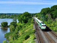 After completing one of GO Transit’s summer Saturday trips to Niagara Falls and back to drop off and pick up tourists, GO transit mp40-PH 628 is seen throttling up at Bayview as it returns it’s 10 car mixed train to Toronto. Time is 09:44am on the morning of the 2019 Annual Bayview Meet. 