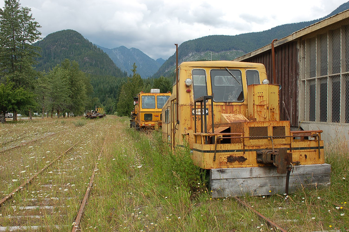 Englewood Railway maintenance-of-way equipment and logging flatcars at Woss, BC. This photo is from a trip my wife & took out west on VIA Rail’s ‘Skeena’ & ‘Canadian’ – taking the ‘Canadian’ from Toronto to Edmonton stopping over in Alberta to explore the Rockies and various preserved railway equipment by rental car before taking VIA Rail’s ‘Skeena’ from Jasper through the Rockies to Prince Rupert then boarding the ferry to Port Hardy to visit Vancouver Island & various preserved equipment there. For more pics from this trip see our website at: 
 http://northamericabyrail.info/a-trip-on-via-rails-skeena-jasper-ab-prince-rupert-bc/  
Cheers, Pete