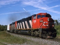 358, carrying wood products from Prince George BC, rounds a curve near Seba Beach. These heavy trains usually had 2 or 3 large locomotives for power.