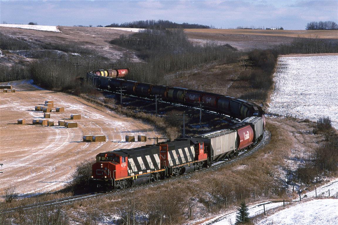One of the coolest spots in Edmonton to photograph trains is the the Westlock Sub near Carbondale. I studied the topo maps and later learned to listen to the radio, where engines coming off the shops would speak with the switchtender to learn where their train was located. This meant that I had about an hour to get into position. We bundled the kids up into the car and my wife drove us north of town.
806, being a grain train wasn't predictable, but trains tended to be "bundled" around the comings and goings of the regular freight trains 418 and 419. I cannot remember if that was the case this day. I would doubt it though, based on the sun angle. This train is bound for McLennan. In 1995, only light 4 axle (and a few ex NAR SD-38's) plied these rails. I understand that this is longer the case. CN is running much bigger power up that way now.