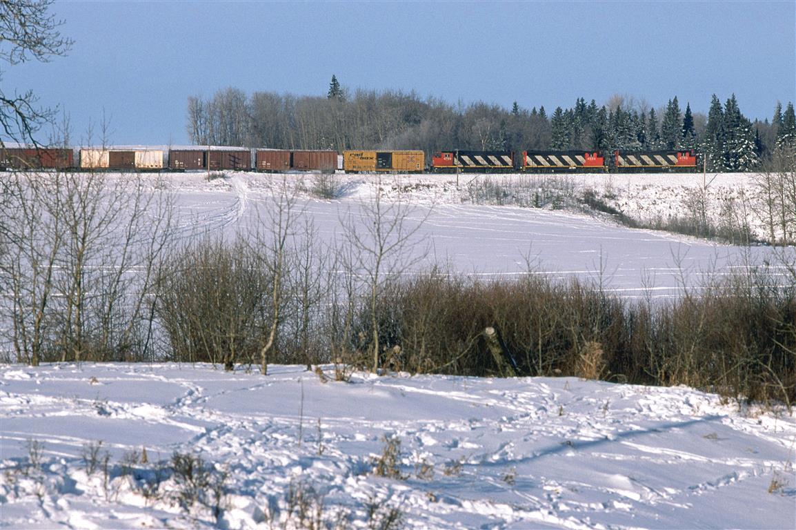 It looks like Edmonton won't have to worry about a green Christmas this year. The snow-mobilers seem to be enjoying the deep snow.
From down near the Sturgeon River, this is the view up on the west side of the valley as 419 climbs the hill. This near daily train out of Edmonton's Walker yard is on its way to McLennan. This is typical power, but when I first arrived in Edmonton, F units were still in used on this line.