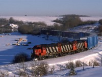 Judging by the shadows, I am thinking that this was taken around 1400 to 1500hrs. I could have used some snowshoes for this trip, but my Sorels worked just fine (I still own those boots). At least, I seem to recall that I did not have to wait very long for it to arrive.
There appears to be an interesting assortment of cars in the consist.